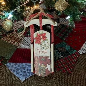 16 INCH RED, GREEN, CREAM & TAN  SEASONAL SLED DECOR PIECE